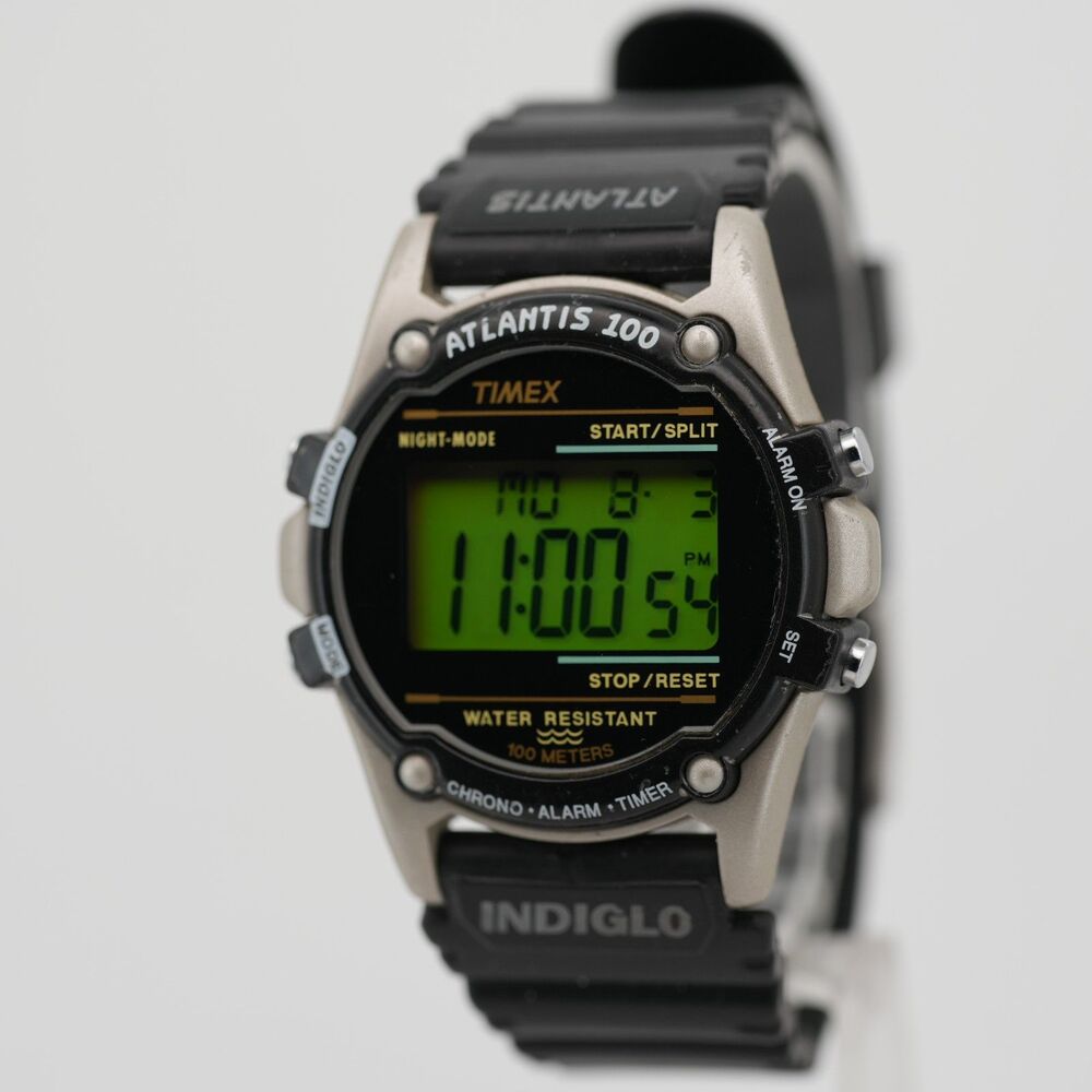 Vintage Timex Atlantis 100 Digital Watch 745 Indiglo Alarm Chrono Original Strap